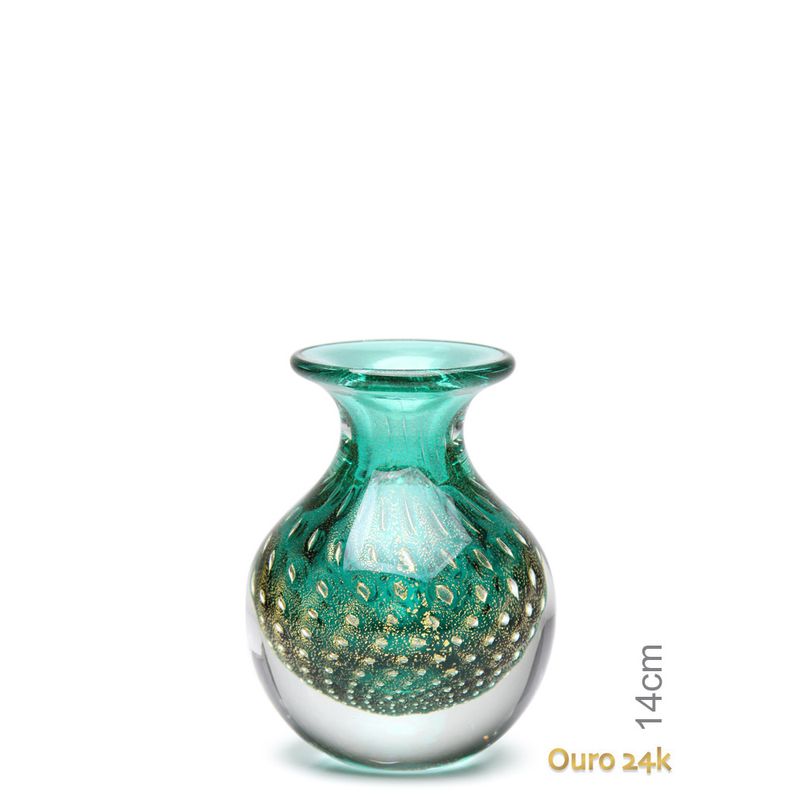 Vaso Mini Médio Tela Verde com Ouro Murano Cristais Cadoro