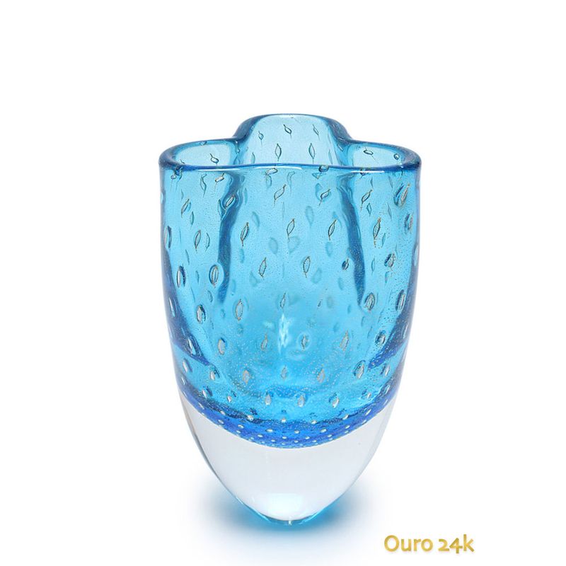 Vasinho Trevo 2 Tela Água-marinha com Ouro Murano Cristais Cadoro