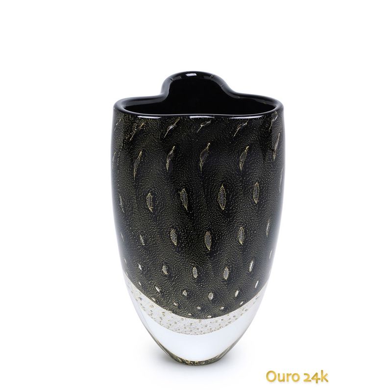 Vasinho Trevo 2 Tela Preto com Ouro Murano Cristais Cadoro