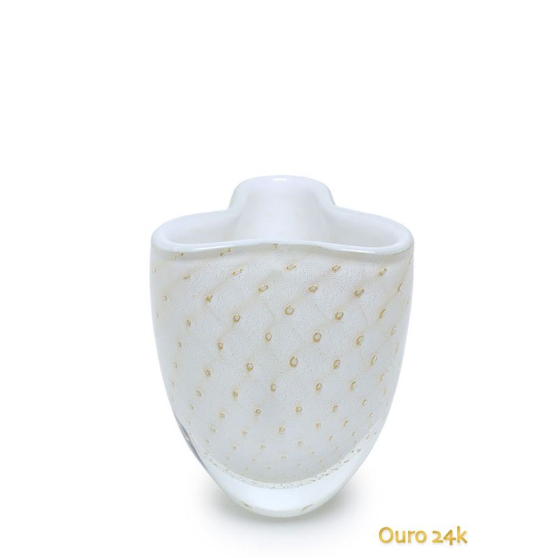 Vasinho Trevo 3 Tela Branco com Ouro Murano Cristais Cadoro