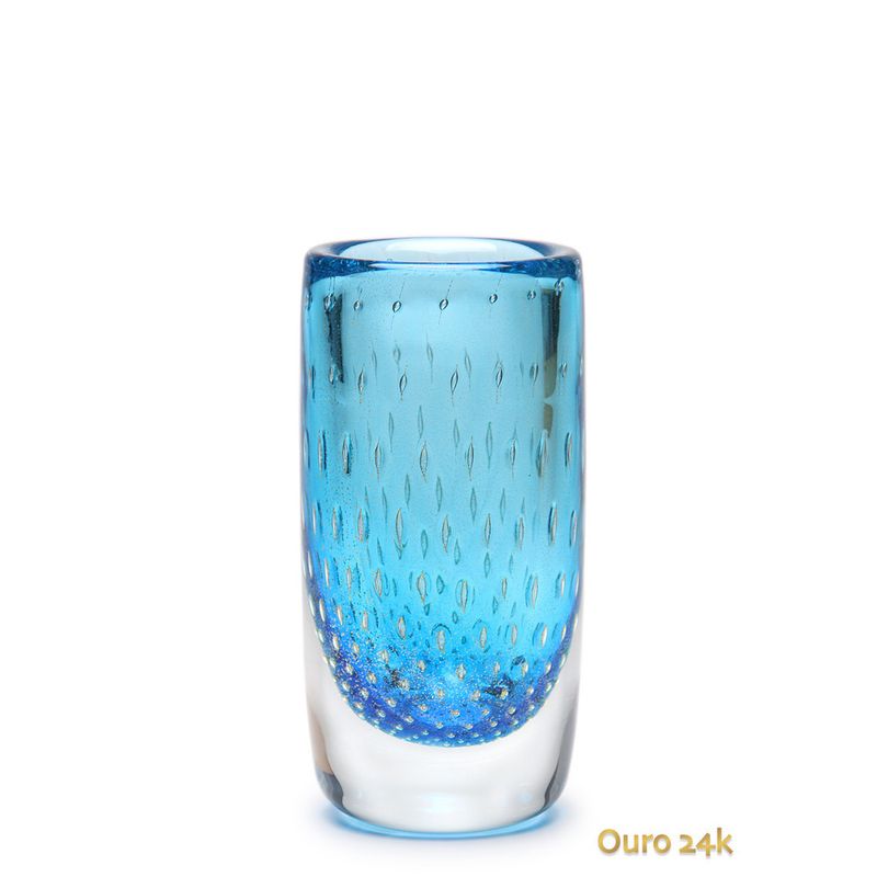 Vaso Cilíndrico 2 Tela Água-marinha com Ouro Murano Cristais Cadoro