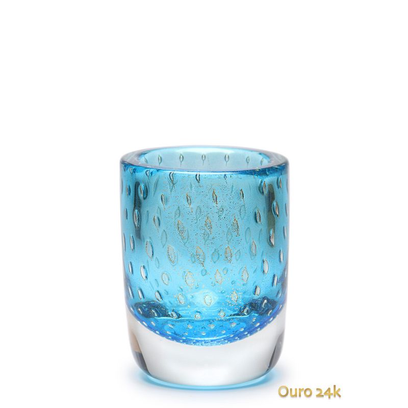 Vaso Cilíndrico 3 Tela Água-marinha com Ouro Murano Cristais Cadoro