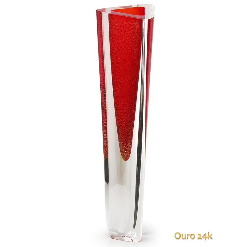 Vaso Triangular nº 1 Vermelho com Ouro Murano Cristais Cadoro