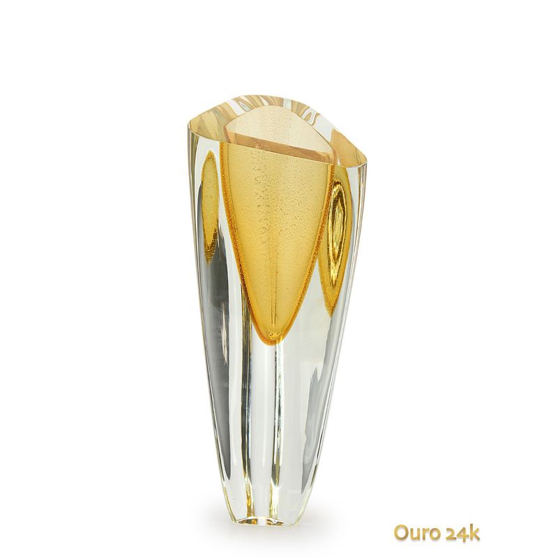 Vaso Triangular nº 2 Âmbar com Ouro Murano Cristais Cadoro