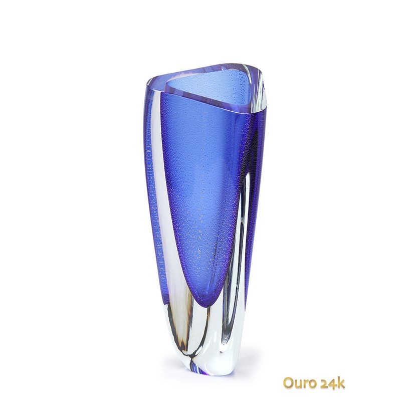 Vaso Triangular nº 2 Azul com Ouro Murano Cristais Cadoro