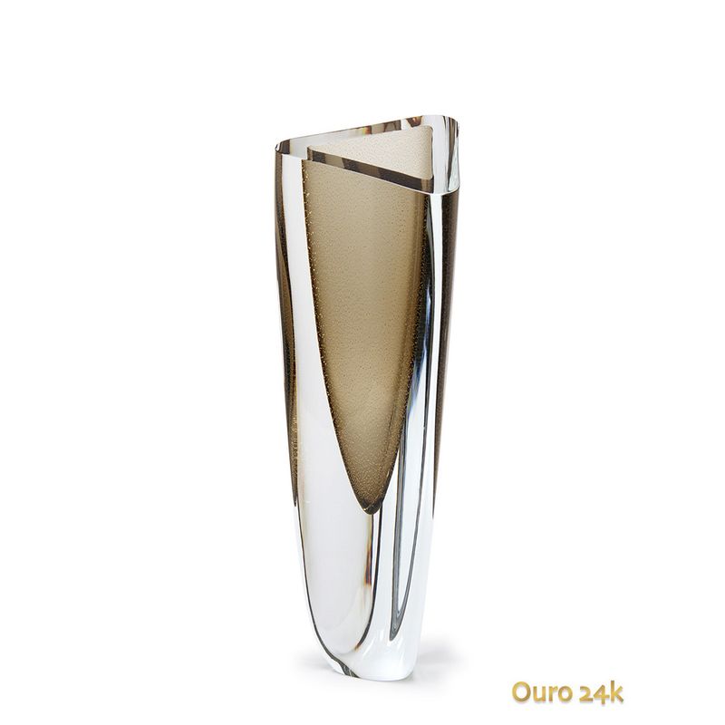 Vaso Triangular nº 2 Fumê com Ouro Murano Cristais Cadoro