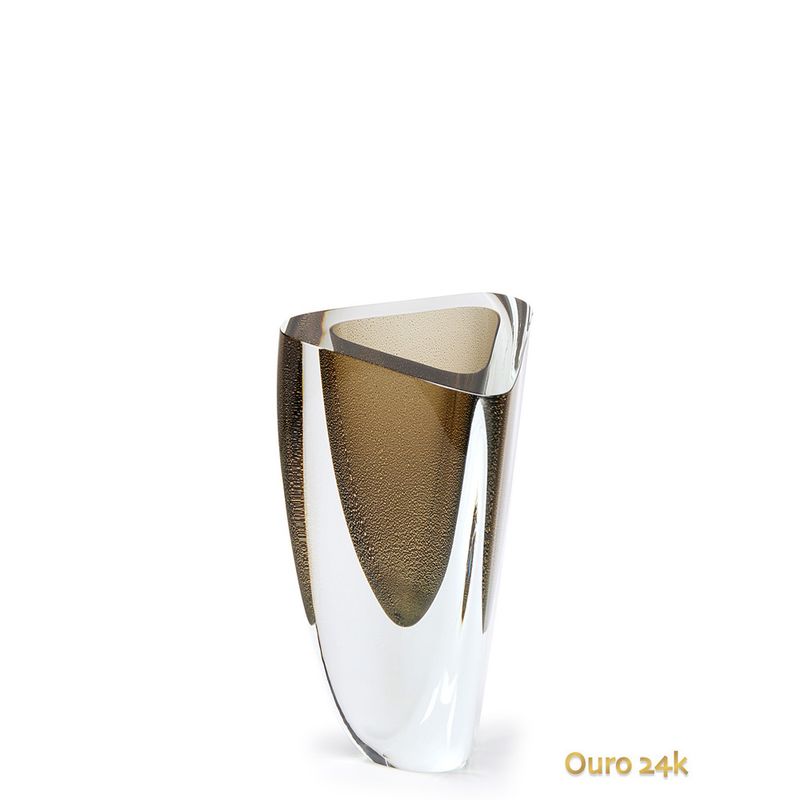 Vaso Triangular nº 3 Fumê com Ouro Murano Cristais Cadoro