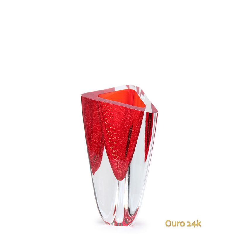 Vaso Triangular nº 3 Vermelho com Ouro Murano Cristais Cadoro