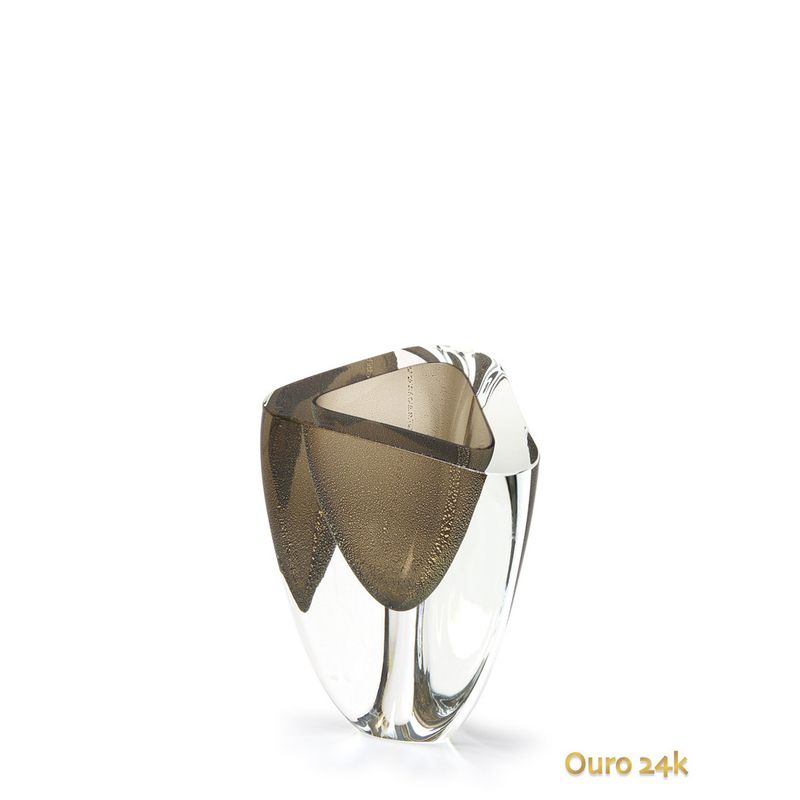 Vaso Triangular nº 4 Fumê com Ouro Murano Cristais Cadoro