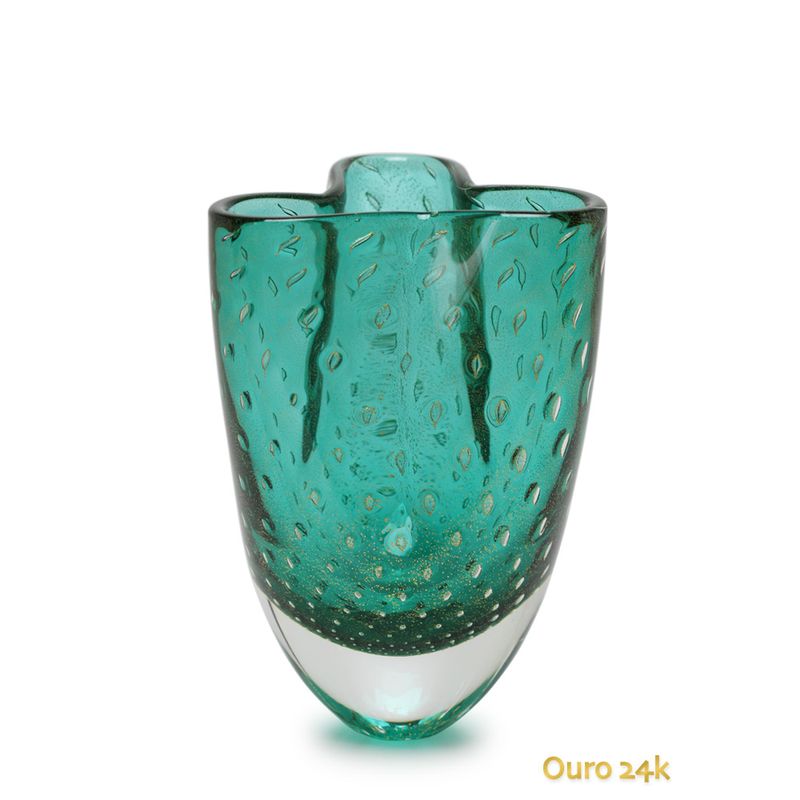 Vasinho Trevo 2 Tela Verde com Ouro Murano Cristais Cadoro