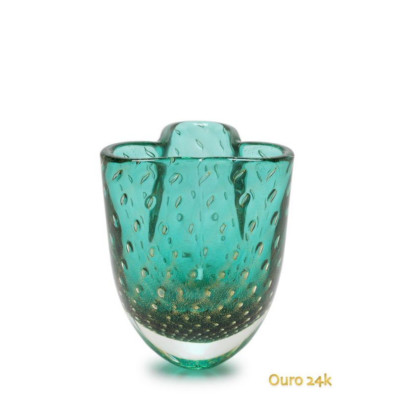 Vasinho Trevo 3 Tela Verde com Ouro Murano Cristais Cadoro