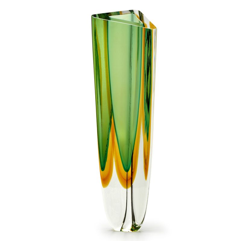 Vaso Triangular nº 1 Bicolor Verde com Âmbar Murano Cristais Cadoro