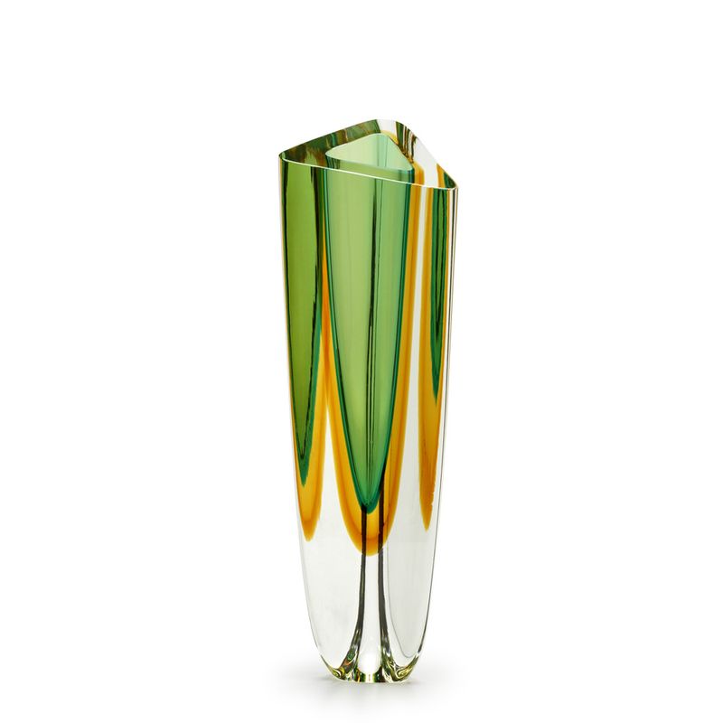 Vaso Triangular nº 2 Bicolor Verde com Âmbar Murano Cristais Cadoro