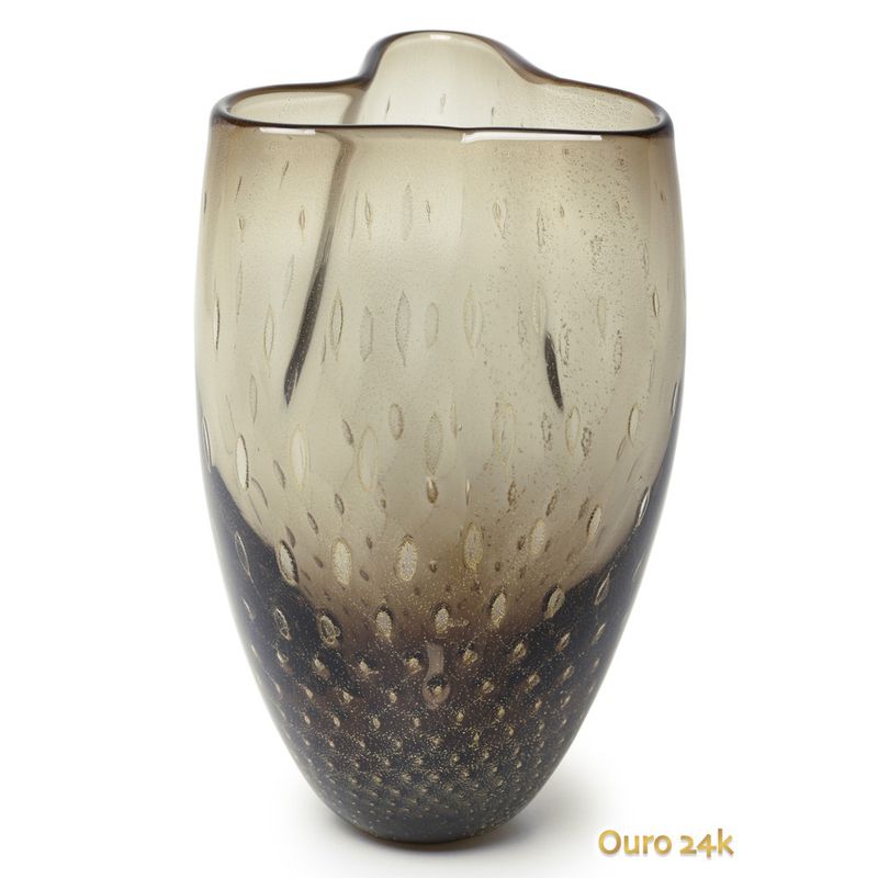 Vaso Trevo 2 Tela Fumê com Ouro Murano Cristais Cadoro