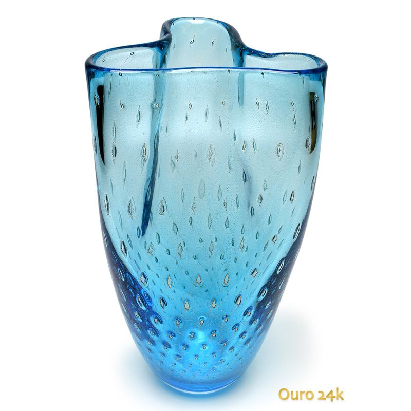 Vaso Trevo 2 Tela Água-marinha com Ouro Murano Cristais Cadoro