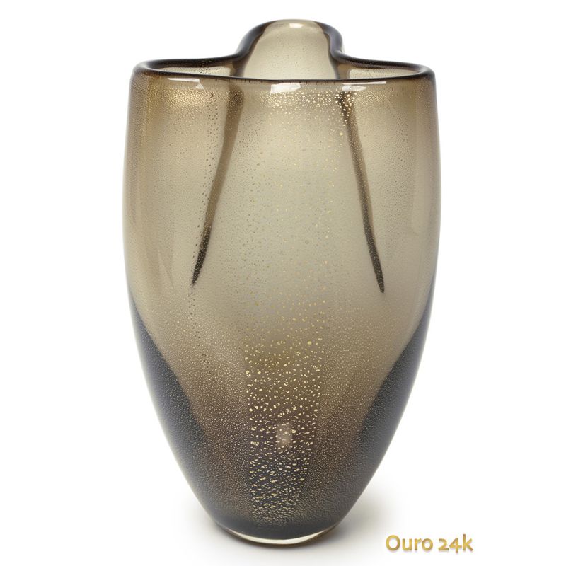 Vaso Trevo 2 Fumê com Ouro Murano Cristais Cadoro