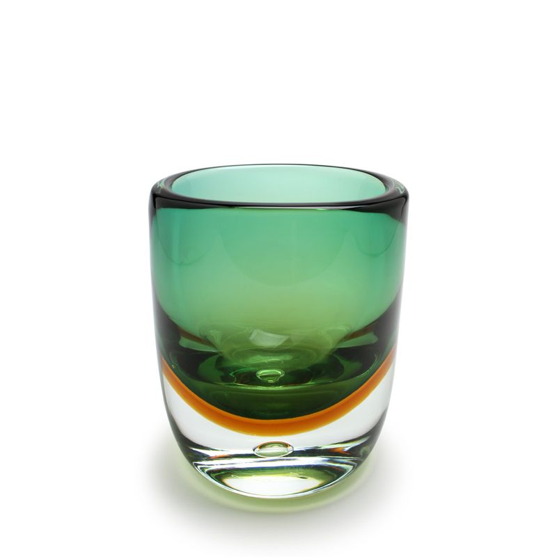 Vaso Baixo com Bolha Bicolor Verde com Âmbar Murano Cristais Cadoro