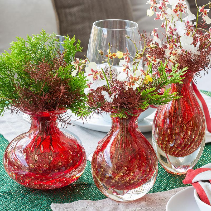 Vaso Mini Baixo Tela Vermelho com Ouro Murano Cristais Cadoro