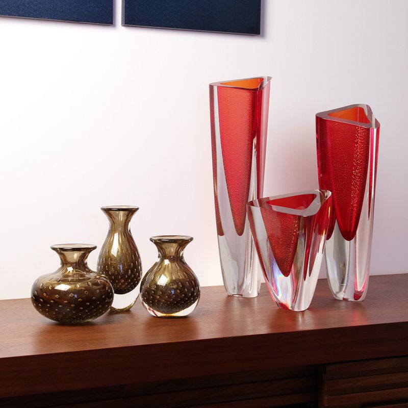 Vaso Triangular nº 1 Vermelho com Ouro Murano Cristais Cadoro