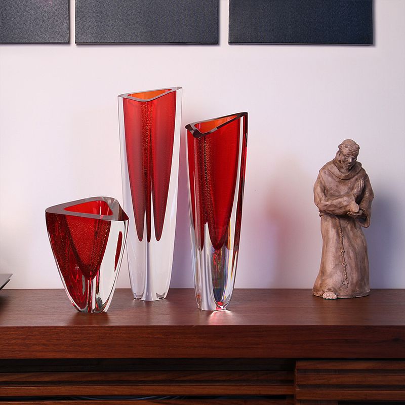 Vaso Triangular nº 1 Vermelho com Ouro Murano Cristais Cadoro