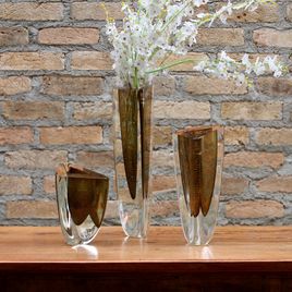 Vaso Triangular nº 3 Fumê com Ouro Murano Cristais Cadoro