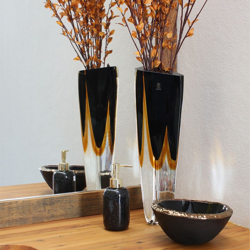 Vaso Triangular nº 1 Bicolor Preto com Âmbar Murano Cristais Cadoro