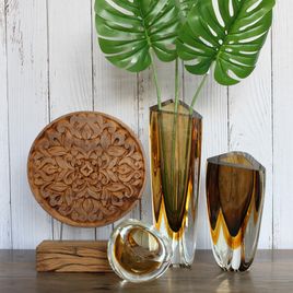 Vaso Triangular nº 2 Bicolor Fumê com Âmbar Murano Cristais Cadoro
