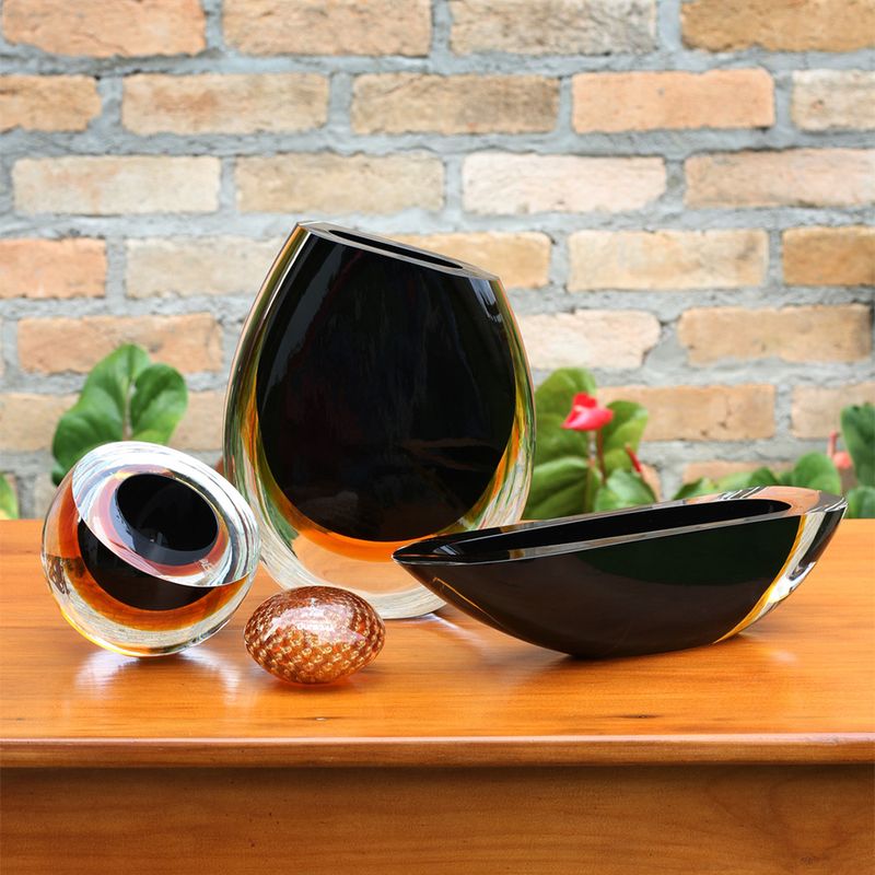 Vaso 96 MS Bicolor Preto com Âmbar Murano Cristais Cadoro