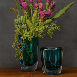 Vaso Baixo com Bolha Bicolor Verde com Água-marinha Murano Cristais Cadoro