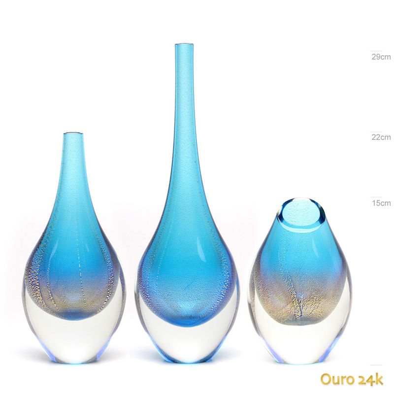 Conjunto 3 Gotas Mini Água-marinha com Ouro Murano Cristais Cadoro