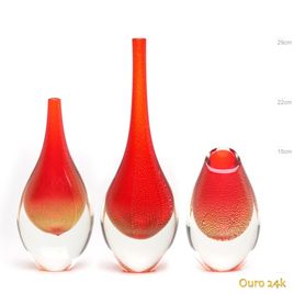 Conjunto 3 Gotas Mini Vermelho com Ouro Murano Cristais Cadoro