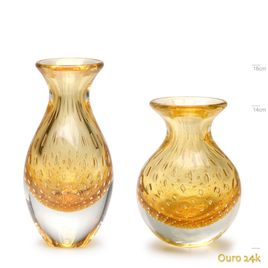 Par de Vasos Mini Tela Âmbar com Ouro Murano Cristais Cadoro