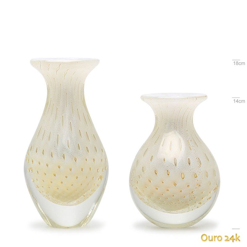 Par de Vasos Mini Tela Branco com Ouro Murano Cristais Cadoro