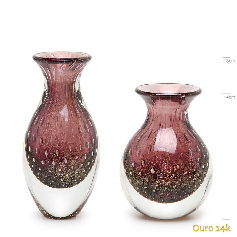 Par de Vasos Mini Tela Roxo com Ouro Murano Cristais Cadoro