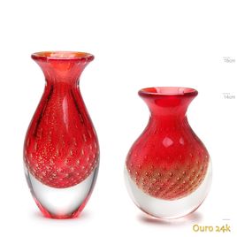 Par de Vasos Mini Tela Vermelho com Ouro Murano Cristais Cadoro