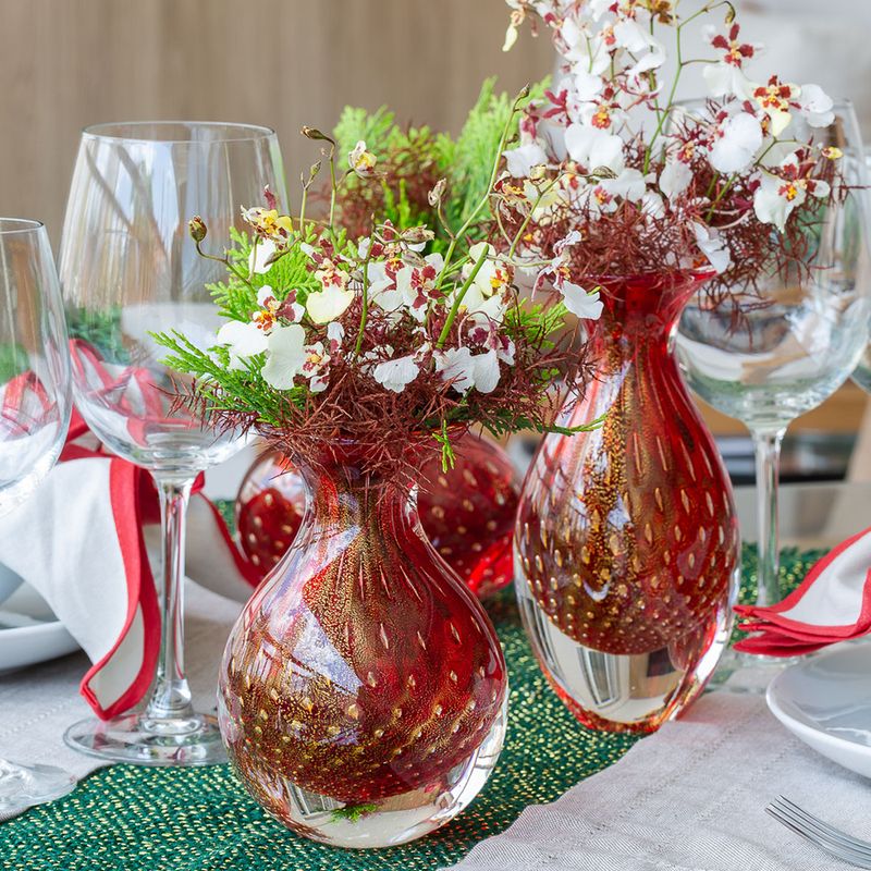 Par de Vasos Mini Tela Vermelho com Ouro Murano Cristais Cadoro