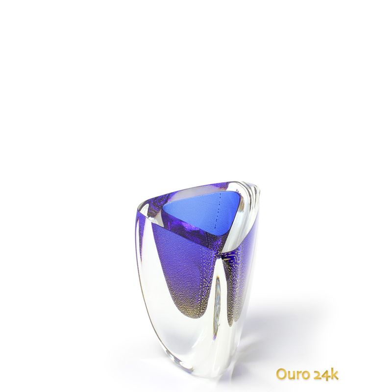 Vaso Triangular nº 4 Azul com Ouro Murano Cristais Cadoro