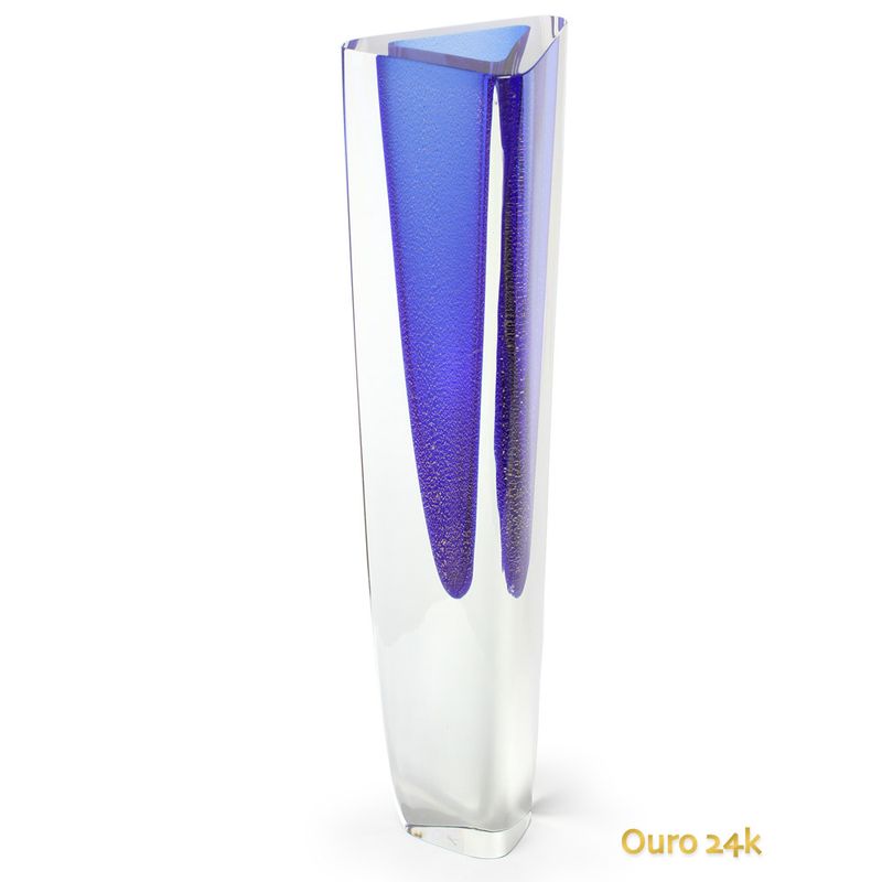 Vaso Triangular nº 1 Azul com Ouro Murano Cristais Cadoro