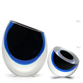 Conjunto com Vaso 96 MS e Centro Gota Diagonal Bicolor Preto com Água-marinha Murano Cristais Cadoro