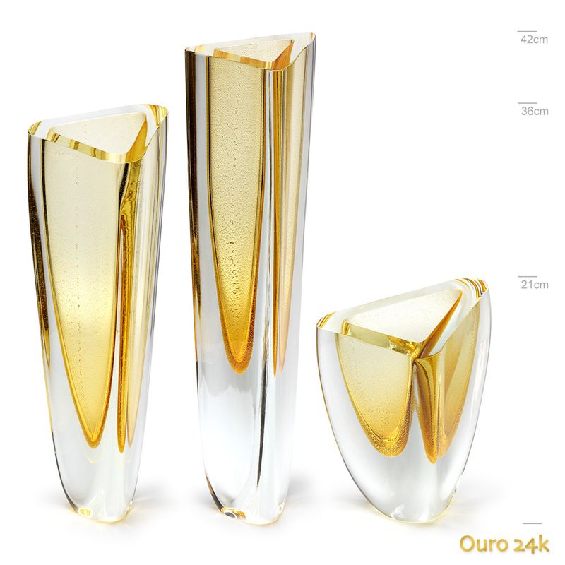 Trio de Vasos Triangulares nº 1, nº 2 e nº 4 Âmbar com Ouro Murano Cristais Cadoro