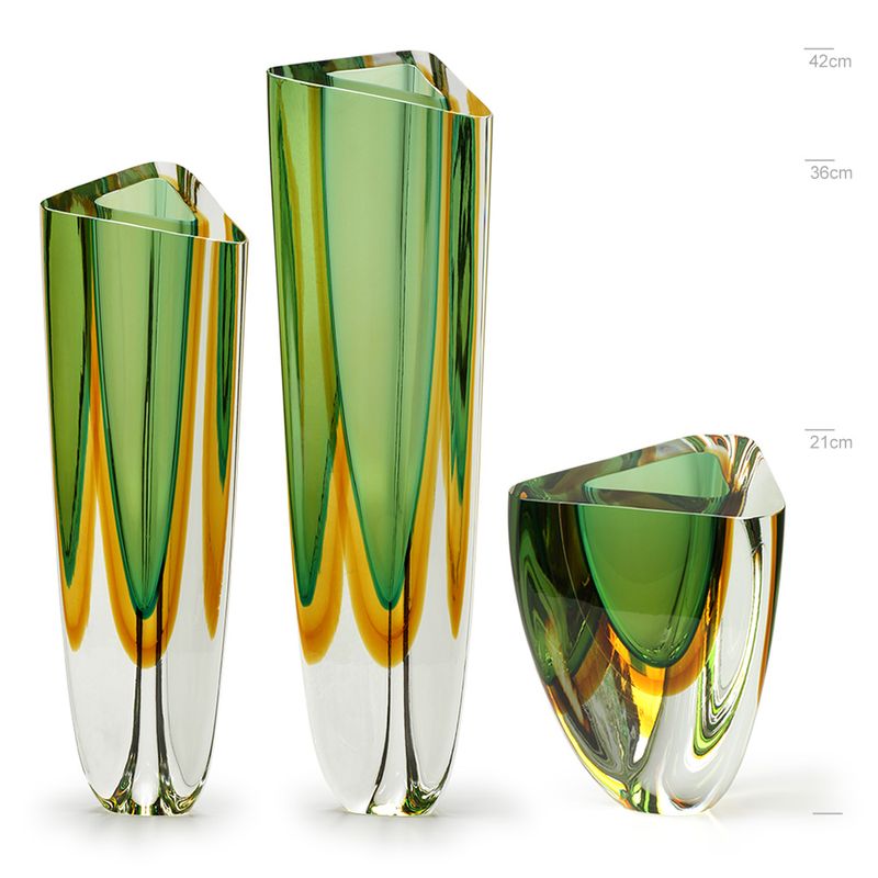 Trio de Vasos Triangulares nº 1, nº 2 e nº 4 Bicolor Verde com Âmbar Murano Cristais Cadoro