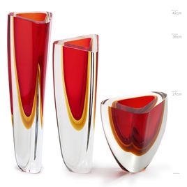 Trio de Vasos Triangulares nº 1, nº 2 e nº 4 Bicolor Vermelho com Âmbar Murano Cristais Cadoro