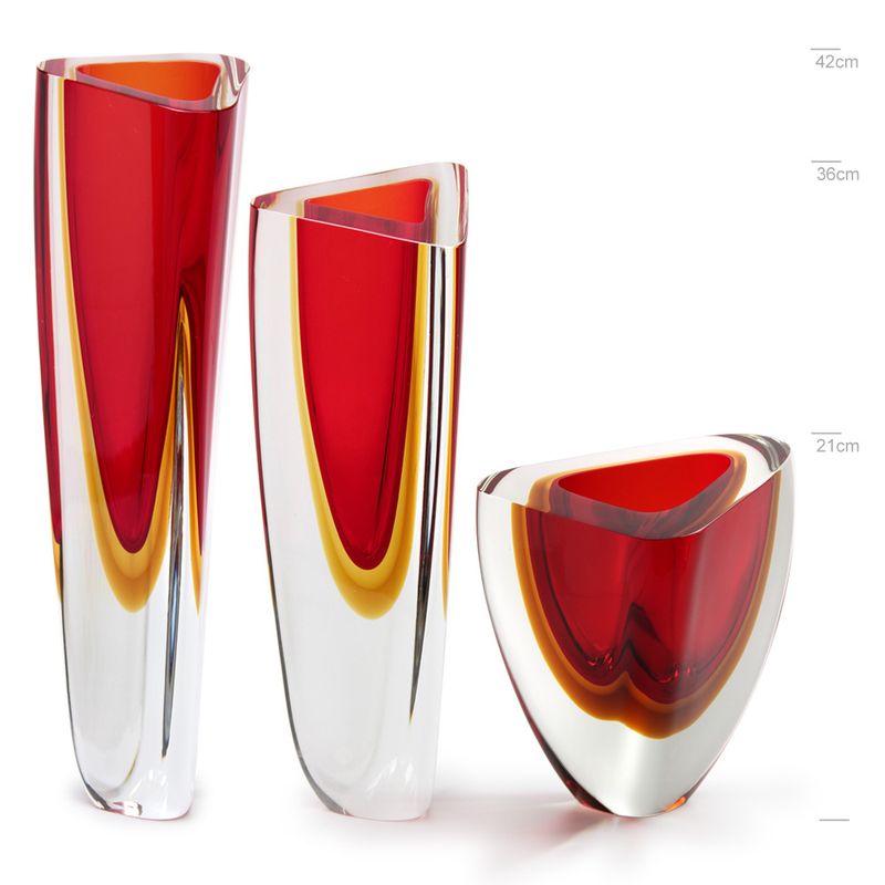 Trio de Vasos Triangulares nº 1, nº 2 e nº 4 Bicolor Vermelho com Âmbar Murano Cristais Cadoro