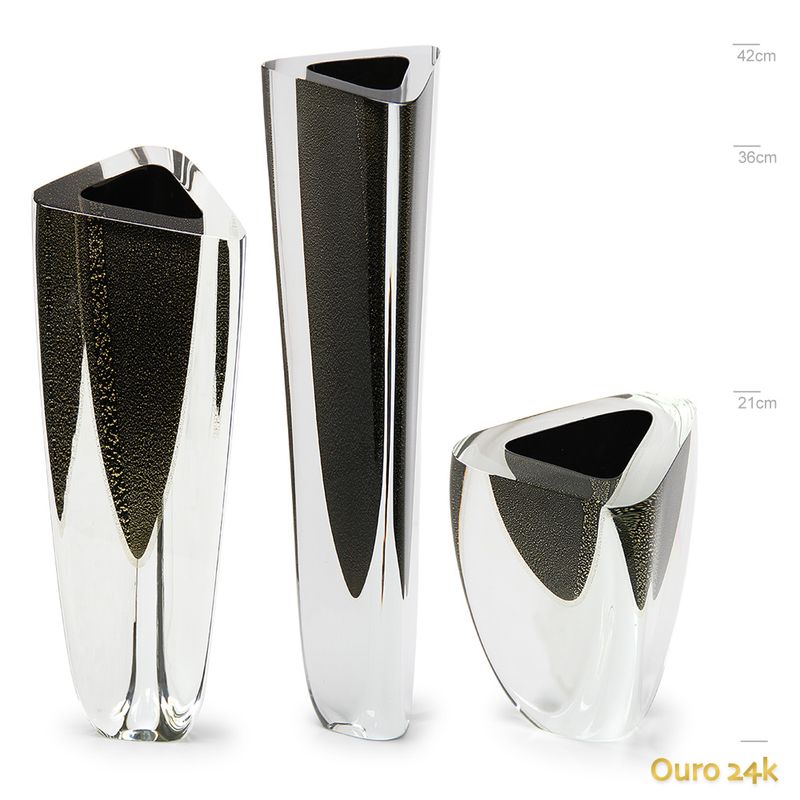 Trio de Vasos Triangulares nº 1, nº 2 e nº 4 Preto com Ouro Murano Cristais Cadoro