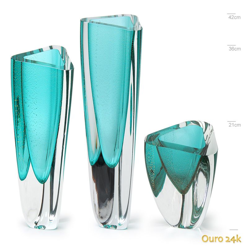 Trio de Vasos Triangulares nº 1, nº 2 e nº 4 Verde com Ouro Murano Cristais Cadoro