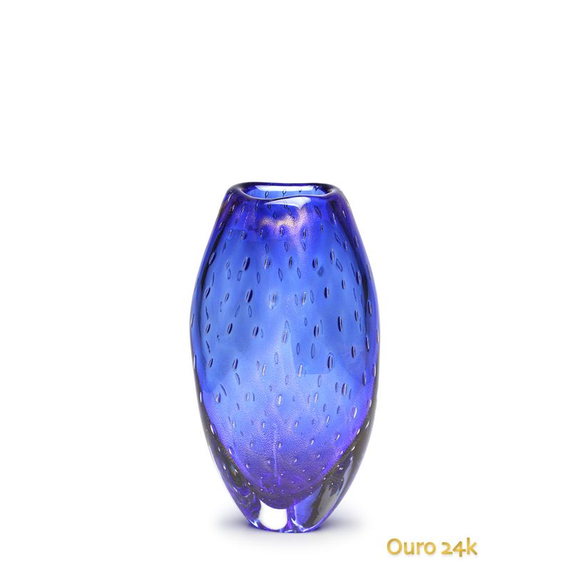 Vasinho Roca 2 Tela Azul com Ouro Murano Cristais Cadoro