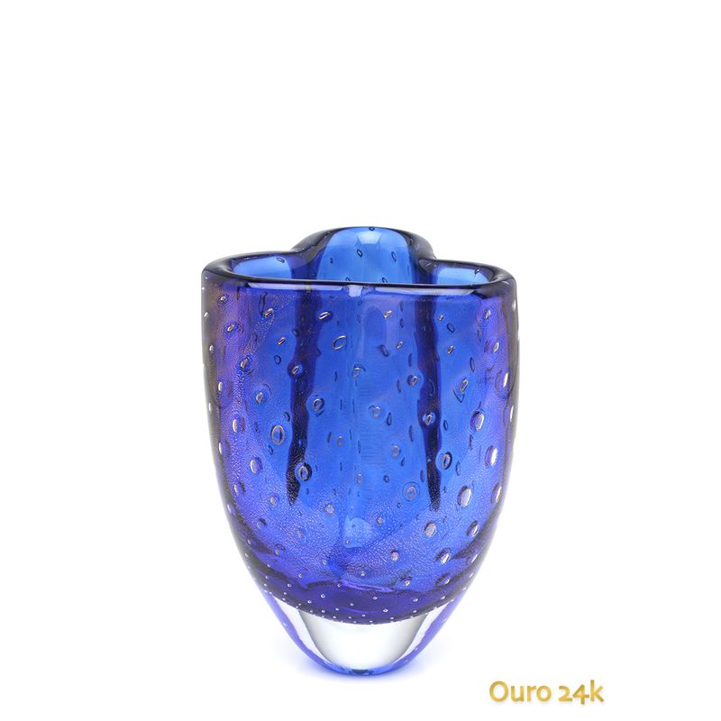 Vasinho Trevo 3 Tela Azul com Ouro Murano Cristais Cadoro