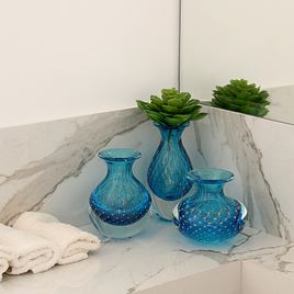 Trio de Vasos Mini Tela Água-marinha com Ouro Murano Cristais Cadoro