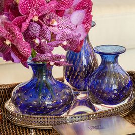 Trio de Vasos Mini Tela Azul com Ouro Murano Cristais Cadoro