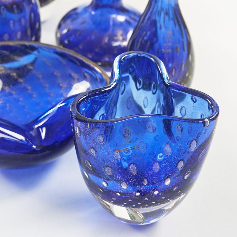 Vasinho Trevo 3 Tela Azul com Ouro Murano Cristais Cadoro